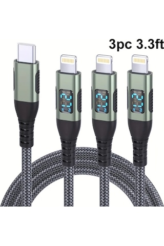 Honeybeeshop 3 Adet Yeşil Aıcase İphone Şarj Kablosu 2 Metre 66 Fit Led Ekran Uzun Örgülü Kablo İphone 14 13 12 11 X Xs Xr Xs Max Uyumlu