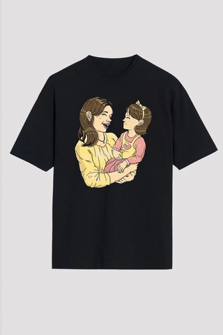 Novalisse Anneler Günü Hediye Anne Kız Temalı Baskılı Oversize Bisiklet Yaka T-shirt - Siyah Çoklu Renk