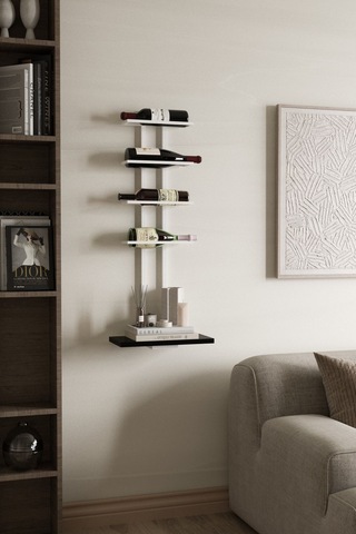 Aju Şaraplık Ve Kadeh Rafı Duvara Monte Şarap Mahzeni Modern Duvar Alkol Rafı - Metal Ve Ahşap Tasarım Beyaz