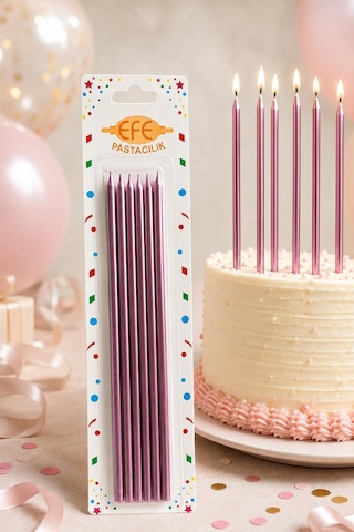 Metalik Rose Gold Pembe Uzun Pasta Mumu 20 Cm Çok Renkli