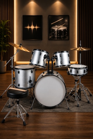 Gümüş 8 Parça Akustik Bateri Seti Yetişkin Tabure Dahil Profesyonel Davul Seti