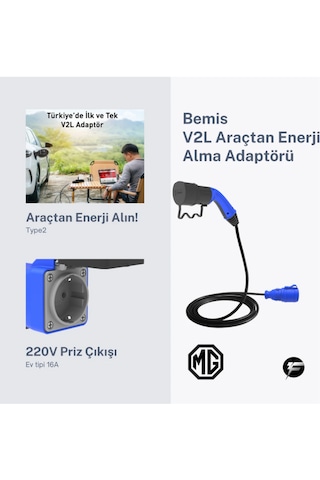 Bemis V2l Vehicle To Load Elektrikli Araç Uyumlu Tekli Priz Uzatma Adaptörü 3 Metre Mg 16a/3.5kw