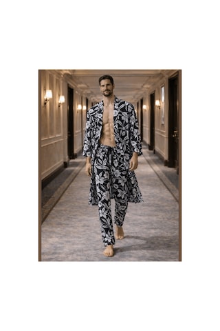 Qmen Style Erkek Kimono Takımı 3 Lü Bambu Set Bornoz + Pantolon + Şort Lacivert