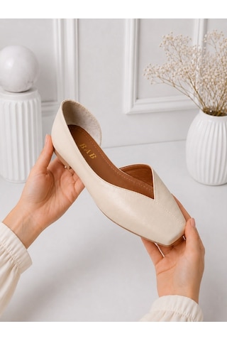 Dabab Shoes Dante Kadın Bej Kırışık Rugan Kare Burun Düz Taban Günlük Casual Babet Ayakkabı