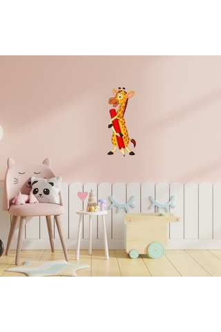 Sevimli Zürafa ve Kalem Ana Okulu Çocuk Odası Duvar Kapı Sticker