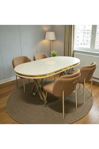 Msy Home 6 Kişilik Aura Gold Serisi Beyaz Lake Oval Yemek Masası Ve Puffy Cappuccino Sandalye Takımı Modern Cappuccino