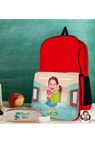 Bk Gift Kişiye Özel Kız Öğrenci Karikatürlü Kırmızı Okul Çantası Ve Kalemlik Hediye Seti-2