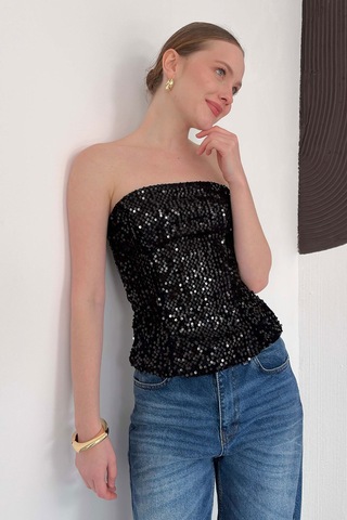 Verymoda Arkadan Fermuarlı Straplez Payet Bluz F2056 Siyah