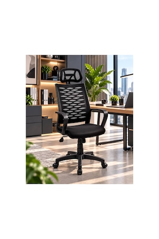 Milano Ergonomik Fileli Ofis Koltuğu, Bel Destekli, Kollu, Döner Tekerlekli Bilgisayar Ve Çalışma Sa Siyah