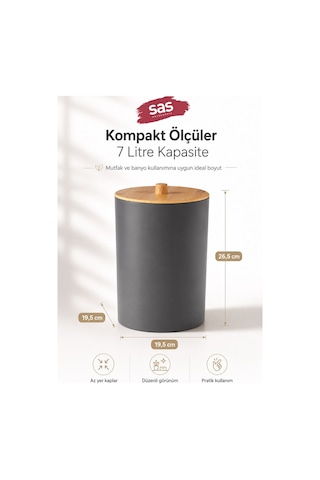 Sas Haus Bambu Desen Kapaklı Plastik Çöp Kovası 7 Litre Antrasit Mutfak Banyo Çöp Kovası Antrasit Gri