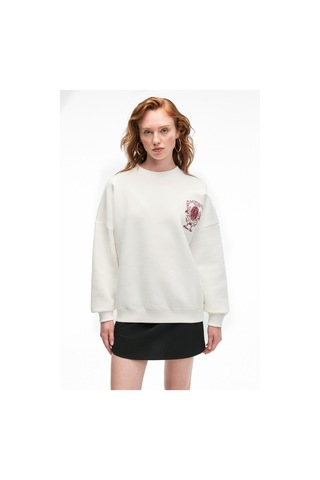Grımelange AUDRA Kadın Oversize Yuvarlak Yaka Nakış Detaylı Beyaz Sweatshirt