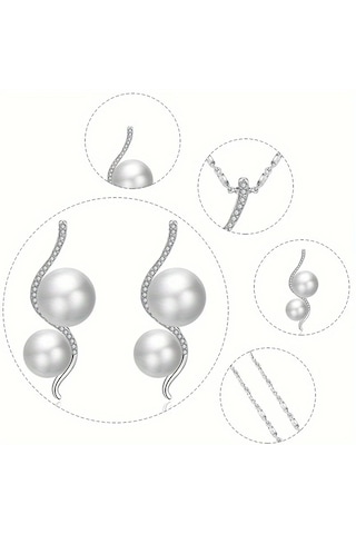 Zirkon Taşlı 2 Sıra Beyaz İnci Gümüş Takı Seti, Ahşap Kutu İçerisinde Gümüş