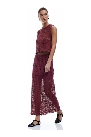 Koton Pamuklu Slim Fit Ajurlu Midi Boy Kroşe Etek Bordo 5sak10340ek Bordo