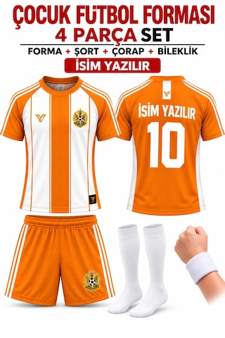 Yenteks İsim Yazılır Çocuk Futbol Forması Turuncu Beyaz Özel Tasarım 4 Parça Forma+şort+çorap+bileklik Turuncu - Beyaz