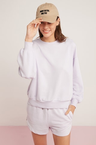Ethıquet Sahra Kadın Pamuklu Içi Polarlı Yumuşacık Oversize Yuvarlak Yaka Basıc Lila Sweatshirt