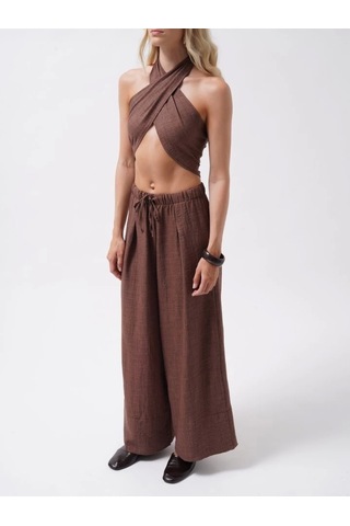 Defymoda Çapraz Bağlamalı Keten Crop Kahverengi