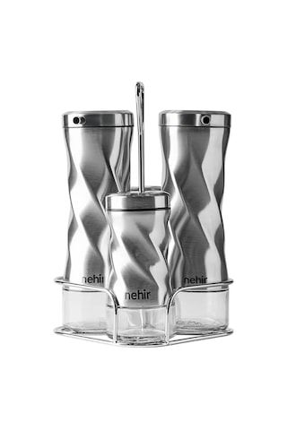 Nehir Burgulu Standlı 4 Parça Paslanmaz Çelik Yağdanlık ve Baharatlık Seti 1