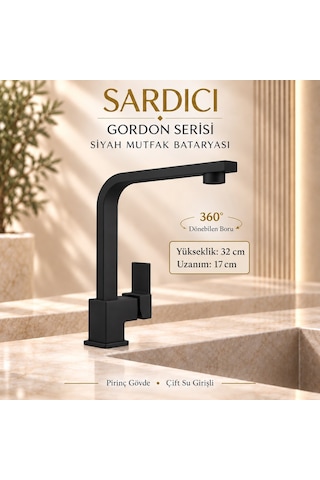 Sardıcı Gordon Mat Siyah 3 Lü Mutfak Lavabo Banyo Batarya Seti Dirsek Takımı Dahil