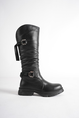 Analin Shoes Kadın Hakiki Deri Büzgü Detaylı Tokalı Fermuarlı Uzun Çizme Siyah