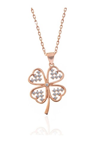 925 Ayar Gümüş Rose Kalpli Dört Yapraklı Yonca Kadın Kolye Gümüş