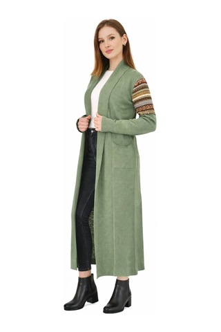 Onno Style Woman Standart Beden Kilim Desenli Uzun Triko Ceket Yeşil