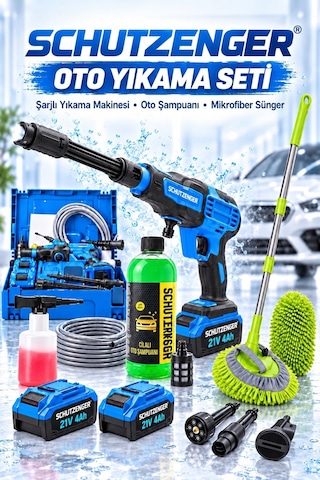 21v Şarjlı Araba Oto Yıkama Makinesi Köpük Hazneli Cilalı Şampuan Mikrofiber Fırça Bakım Seti Mavi 7010