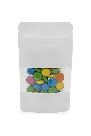 Pencereli Beyaz Kraft Kilitli Doypack Ambalaj 11 X 18,5 + 3,5 Cm. 100 Gr. -50 Adet