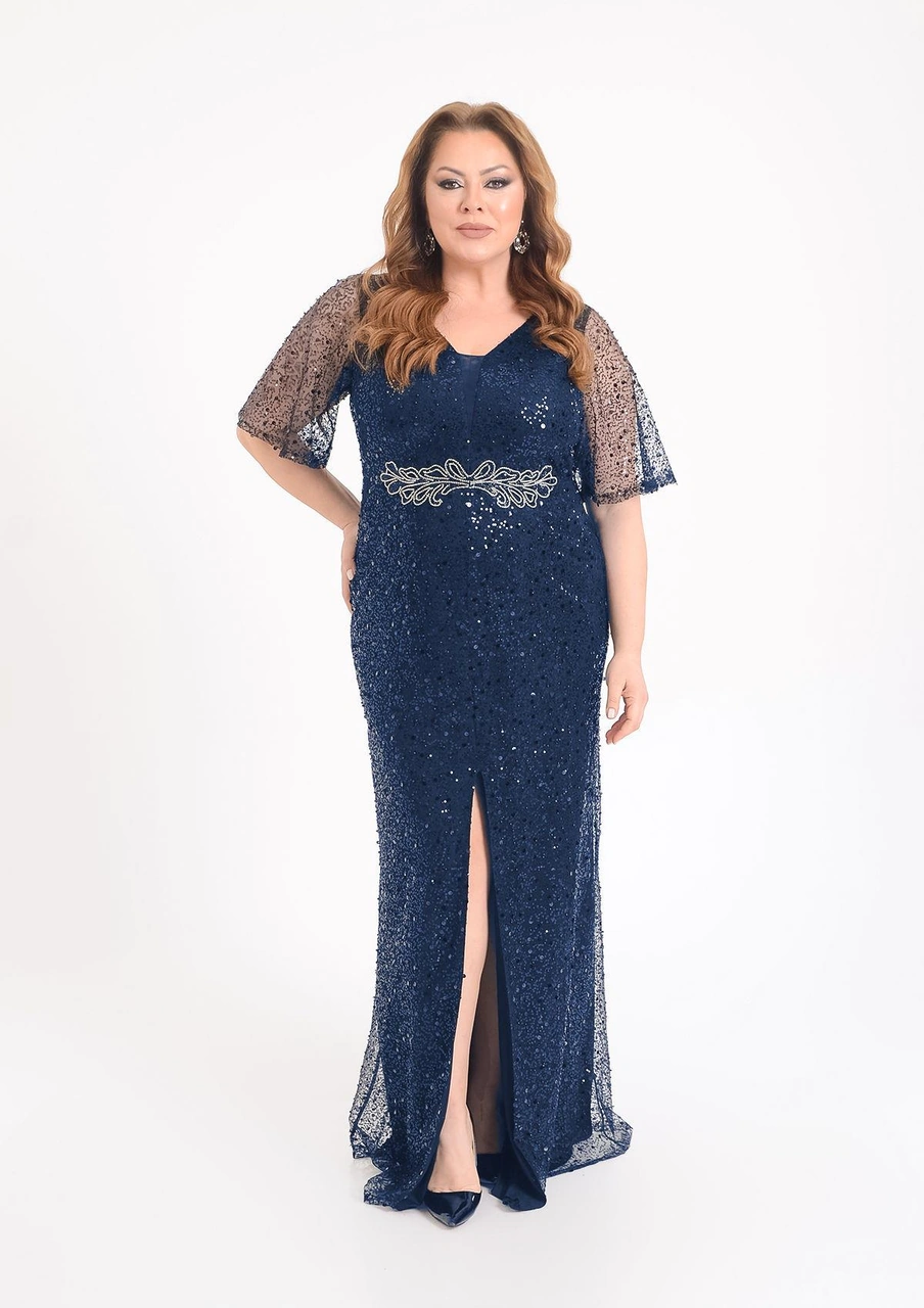 Lilas Xxl Büyük Beden Glitter Baskı Lacivert Renkli Kısa Kollu Uzun Abiye Elbise Lacivert