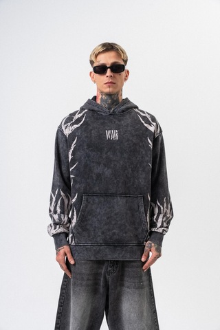 Respire Erkek War Baskılı Yıkamalı Kapüşonlu Oversize Hoodie Siyah