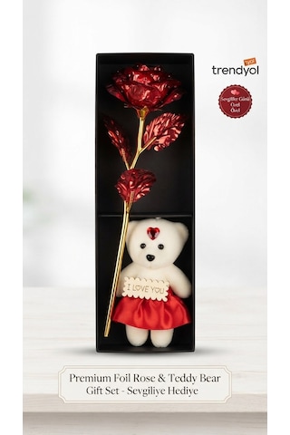 Sevgiliye Hediye Gold Folyo Gül Ve I Love You Yazılı Peluş Ayıcık Seti - Özel Kutulu