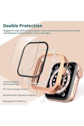 Apple Uyumlu Watch 44mm Ekran Koruyuculu Tek Sıra Kenar Taşlı Sert Pc Kasa Koruyucu