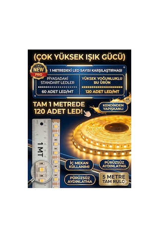 5mt Günışığı 3000k , Şerit Led ,mutfak Dolabı Tezgah Aydınlatması Led,1 Metrede 120 Led Yüksek Lümen,12v ,yapışkanlı Led Işık Trafo Hariç Günışığı-3000k
