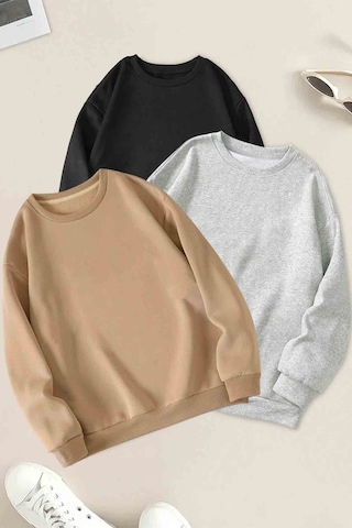 3'lu Paket Bej Gri Siyah Oversize Sweatshirt Siyah