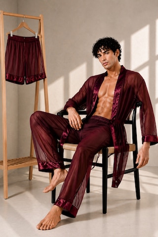 Qmen Style Erkek Şifon Kimono- Pijama - Şort Seti Bordo