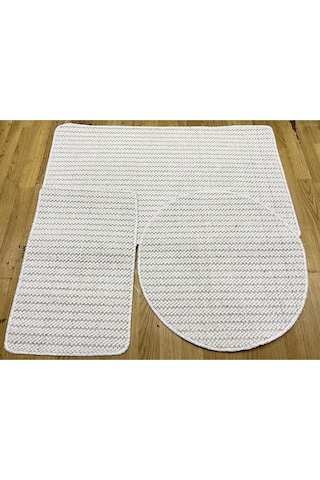 3 Lü Banyo Paspası Oval Bukle Halı Beyaz 60x100 60x60 40x60 Beyaz