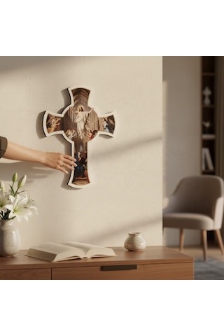 Katedral Mimarili Ahşap Duvar Haçı - Hz. İsa, Meryem Ana Ve Melekler Kabartma Dini Dekor Tek Parça