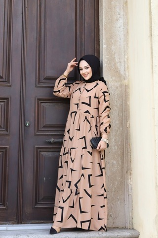 Hira Life Fashion Kadın Tesettür Mevsimlik Beli Kuşaklı Dokuma Viskon Elbise Vizon-siyah Vizon-siyah