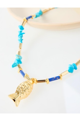 Jimmy Key Jimmy Key Mavi Doğal Taş Detaylı Balık Figürlü Kolye 6sw426609400