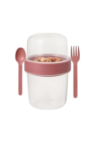 Pembe Saklama Kabı 2 Katlı Taşınabilir Yemek Kabı, Kaşık Ve Çatal Dahil 18x10 Cm Bakır