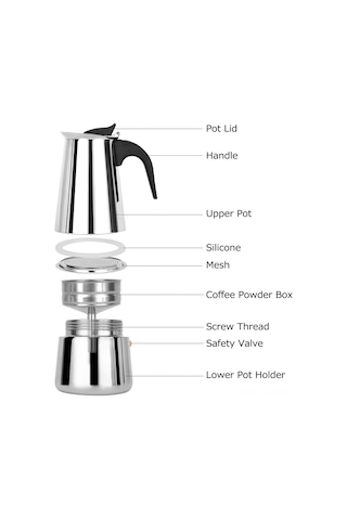 Honmex Stahl Mocha Pot 100ml - Taşınabilir Elektrikli Kahve Filtre Makinası - Latte Ve Espresso Hazırlayıcı Gümüş
