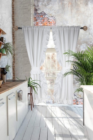 Poli Perde Çift Kanat Dikey Fırfırlı Beyaz