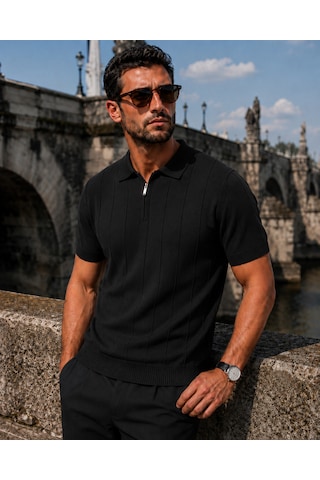 İxir Yarım Fermuarlı Regular Kalıp Polo Yaka Triko T-shirt Siyah - Siyah