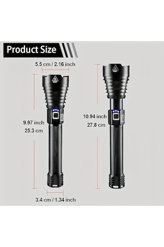 Worldshop Metal El Feneri 250.000 Lümen, Xhp90 + 26650 2 Adet Pil Siyah