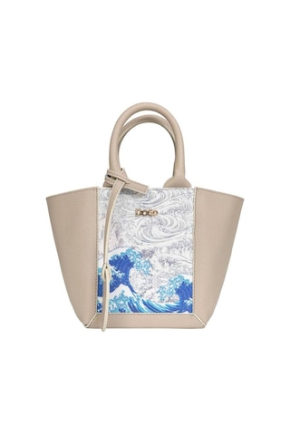 Dogo Kadın Vegan Deri Krem Tote Bag - Japanese Waves Tasarım Bej