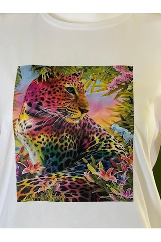 %100 Pamuk Basic Bisiklet Yaka Örme 3 Boyutlu Renkli Kaplan Baskı T-shirt Beyaz
