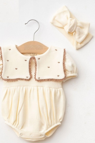 Kız Bebek Maita Kalp Nakışlı Waffle Yazlık Tulum Ekru