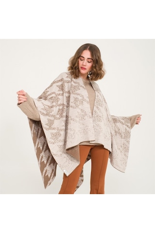 Kaz Ayağı Desen Çift Taraflı Triko Kadın Şal Panço-Kahverengi-140X140 Kahverengi