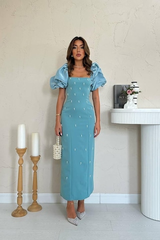 Alemdarshop Mint İşlemeli Kolu Garnili Elbise