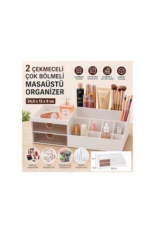 2 Çekmeceli Çok Bölmeli Masaüstü Organizer Makyaj Takı Kozmetik Kalem Düzenleyici 24,5x12x9 Cm Bej