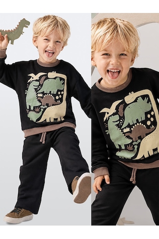 Deno Kids Denokids Erkek Çocuk Eşofman Takım %100 Pamuk Dinozor Baskılı Kışlık 2-8 Yaş Çok Renkli